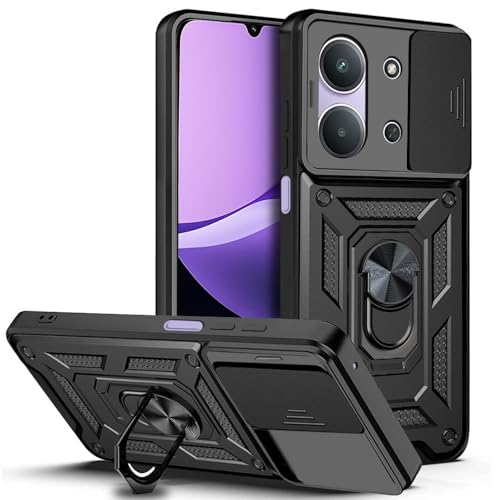 Image of AIBEX Back Cover Compatible for Redmi 15C 5G / Poco C85 5G | D10 Tough Armor Case | Sliding Camera Shield | 360 Protection | Kickstand Ring Holder | Military-Grade Bumper Case - Black