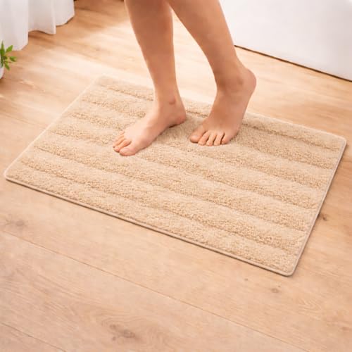 Image of Premium Combed Cotton Tufted Bathmat 50 x 80 cm, 1800 GSM Soft Absorbent Anti Skid Bathroom Floor Mat with Latex Backing, Quick Dry Non Slip Bath Rug for Shower & Daily Use, Stripes Beige