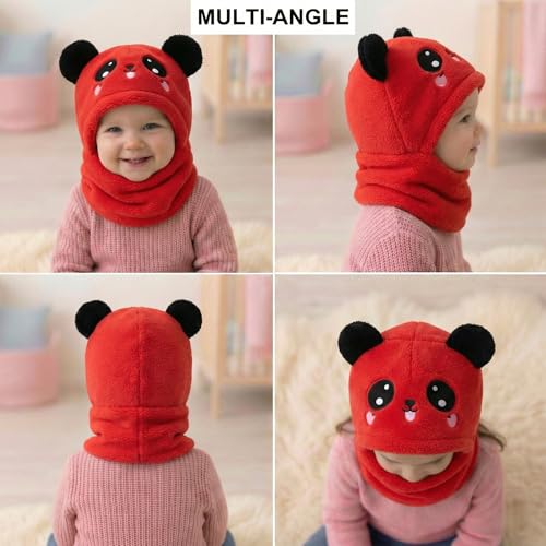 Image of Kraptick Winter Kids Monkey Cap - Cute Panda Plush Balaclava Hat with Neck Warmer Scarf Soft Woolen Fleece Lined Windproof Earflap Hood for Babies -3