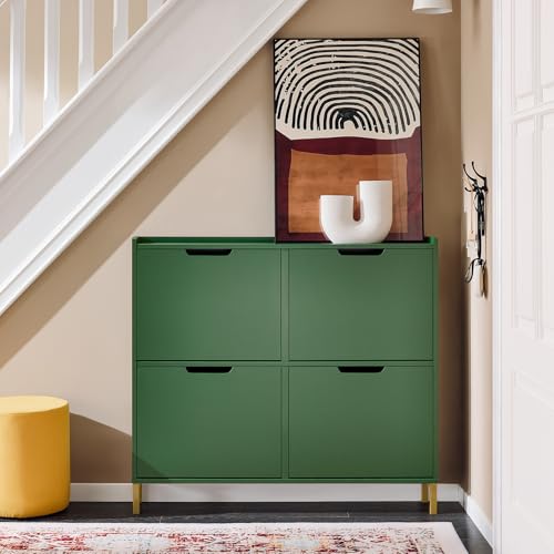 SoBuy Schuhschrank schmal mit 4 Klappen platzsparender Schuhkipper Hoch Kommode mit 4 Ablagen Schuhregal geschlossen Shoe Cabinet Flurschrank für Diele Flur Garderobe 100x91x19cm Dunkelgrün FSR100-SY