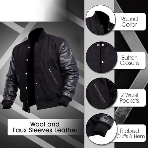 Image of Men's Varsity Jacket Faux Leather Sleeve Wool Blend Letterman Jacket - High School Baseball Bomber Jackets for Men