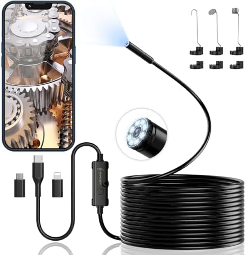 Endoscope Inspection Camera, Ennovor 1920 HD Flexible Rigid Snake Inspection Camera, 8 LED Lights No WiFi Endoscope, IP67 Waterproof Sink Pipe Drain Borescope, Android iOS (Single-lens 5m) - View 3