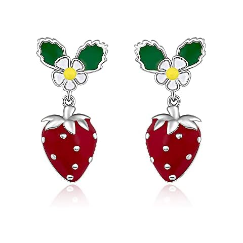 Strawberry Fruit Earrings Sterling Silver Red Dangle Hypoallergenic Cute Aesthetic Weird Quirky Funny Earrings for Women Teen Girls Kids Sensitive Ears Trendy Summer Theme Sweety Jewelry Cover