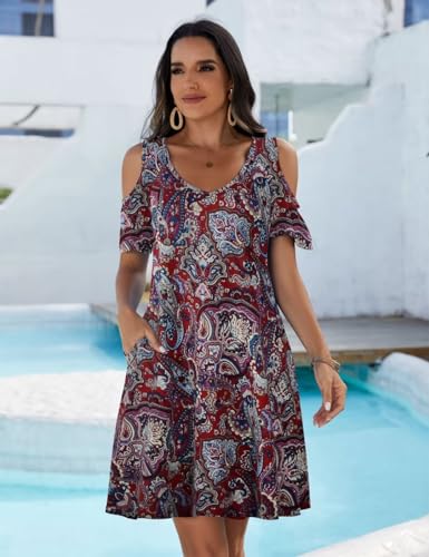 Image of JollieLovin Womens Plus Size Short Sleeve Cold Shoulder V Neck T-Shirt Dress with Pockets
