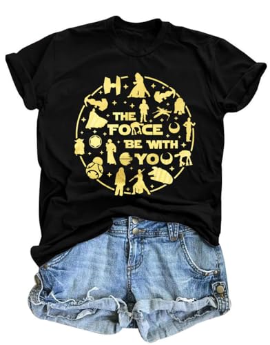 Image of FRYAID Women May The Power Be with You Graphic T Shirt Short Sleeve Casual Tops Summer Fun Vacation Shirt Soft Casual Fit
