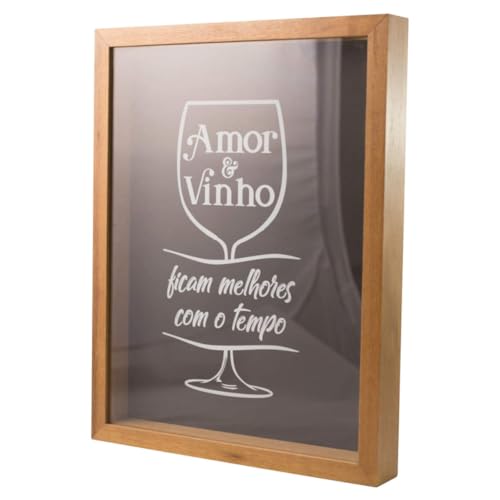 Quadro Porta Rolhas de Vinho Decorativo em Madeira e Vidro 42x32cm Para Tampas de Rolhas Amor e Vinh