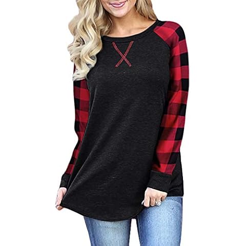 BAIKEA Long Sleeve Plaid Tops for Women Buffalo Checkered Crew Neck Raglan Shirts Tunics to Wear with Leggings for Fashion Fall Shirts Black Red L Cover