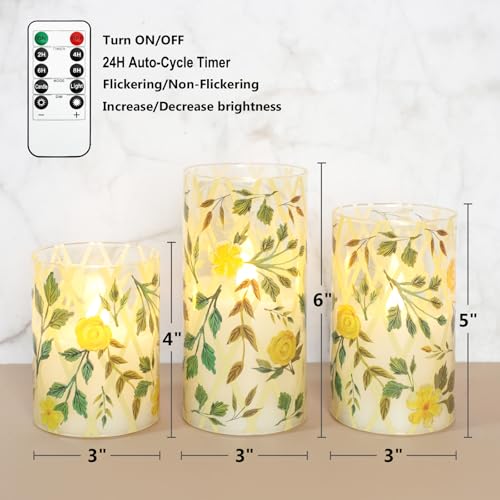 Image of Crystal Club Yellow Floral Flameless Candles with Remote & Timer, 3D Wick Flickering Pillar LED Flameless Candles, Battery Operated for Home Wedding Party Festival Decor, Set of 3