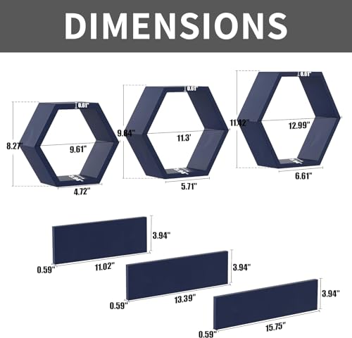 Image of Wooden Floating Wall Mounted Set of 6 Hexagon Shelves Display Shelf for Photos, Plants, Rustic Honeycomb Shelves for Living Room, Bedroom, Bathroom, Kitchen, Office (Navy)