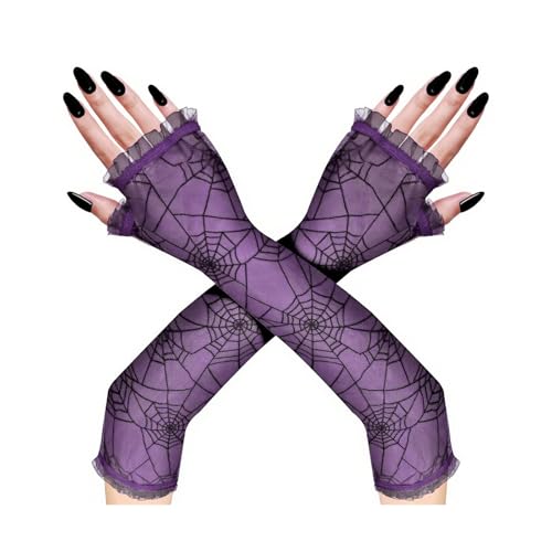Maigridy Guantes largos de malla elástica con estampado de telaraña para fiestas de disfraces de Halloween y eventos de cosplay, actuaciones en escenario, guantes de malla elástica para mujer, Morado