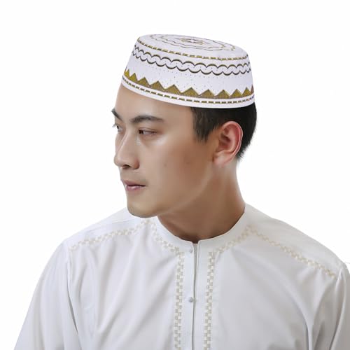 Image of Men Muslim Prayer Kufi Hat Prayer Headwear Cap Islamic Beanie Skull Cap Embroidery Kofia Topi Sun Hat