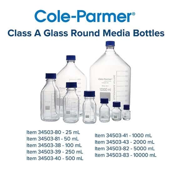Cole-Parmer Glass Media Bottle, Class A, Round, 5000 mL (169 oz)