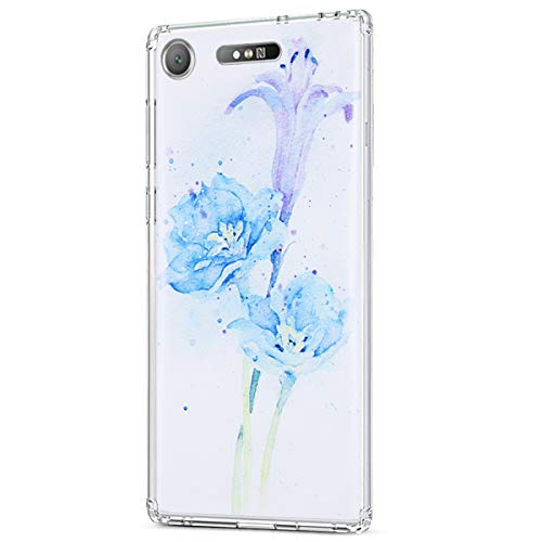 Compatibile con Cover Sony Xperia XZ1,Custodia Sony Xperia XZ1,ikasus Custodia Trasparente Crystal Clear TPU Shockproof Silicone Cover Bumper Case Custodia per Sony Xperia XZ1,Viola Blu Fiori