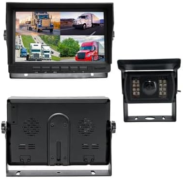 10-inch LCD monitor displaying a quad-view of four different camera feeds from a truck