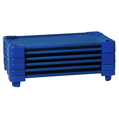 Sprogs Heavy-Duty Stackable Standard Size 52"L Daycare Cots for Kids and Toddlers, Stacking Preschool Classroom Kids Cots for Sleeping, Resting, Naptime, Pack of 6, Blue Cover