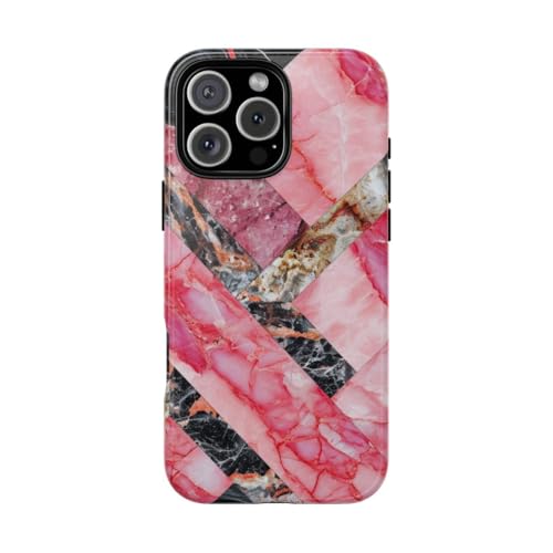 Coque iPhone 16 Pro Max marbre géométrique rose et noir brillante
