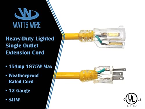 50 Ft - 12 Gauge Heavy Duty Lighted Sjtw Indoor/Outdoor Yellow Extension Cord By Watt's Wire - 50' 12-Gauge Grounded 15-Amp Power-Cord (50 Foot 12-Awg Yellow) #TOP1