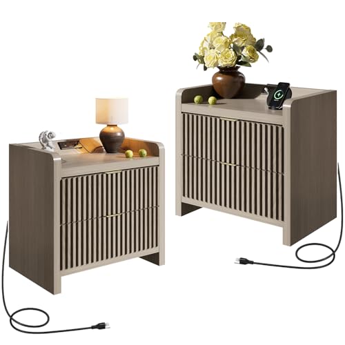 Image of BREEZEHEAT Fluted Nightstand Set of 2, Nightstands with Charging Station, Large Nightstand Bedside Table with 2 Large Drawers, Mid Century Modern End Table for Bedroom, 24 inch Wide, Grey Alder