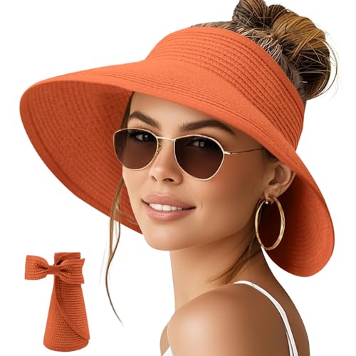 Image of NPQQUAN Sun Visor Hats for Women Wide Brim Ponytail Straw Beach Hat Packable Foldable UPF 50+ Floppy Travel Hats
