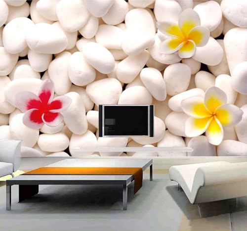 Grand Format Créatif Blanc Galets Fleurs Papier Peint 3D Installation Facile Intissé Tapisserie Bureau Salon Canapé Chambre Décoration Murale-200cm×140cm