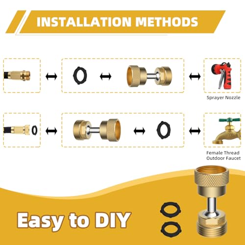 Image of 2 Pack All-Metal Garden Hose Adapter, Swivel 3 /4 inch GHT Hose Protector, Brass | Male Female Thread, Flexible Pipe Kink Protector, Dual Rotation, Female to Male, Outdoor Faucet Compatible