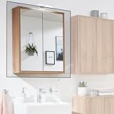 FACKELMANN Finn Spiegelschrank (60 x 75 x 20,5 cm) – Wandschrank mit Spiegel hängend mit 2 Einlegeböden aus Glas – Badschrank mit Türen aus Holz in Eichenoptik