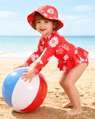 Image of Redair Toddler Girls One Piece Swimsuit Long Sleeve Bathing Suit with Hat UPF 50+ Sun Protection 1-5T