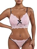 WDIRARA Women's 2 Piece Floral Lace Scallop Trim Bra and Panty Lingerie Set Pink S