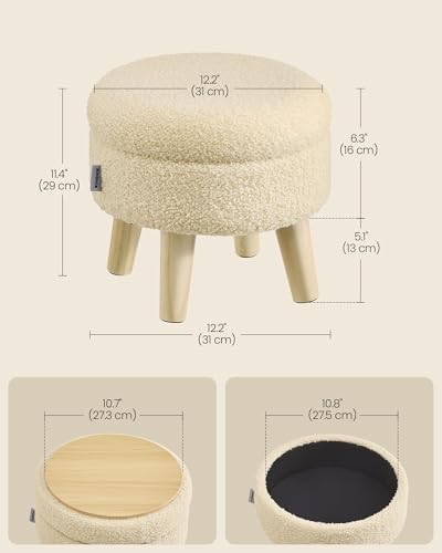 SONGMICS Storage Ottoman, Foot Stool, Round Ottoman with Padded Seat, Foot Rest with Wood Legs, Small Table, for Hallway, Living Room, 31 cm, Teddy Fleece, Summer Sand ULOM515LF01 - 1