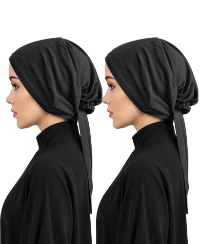 Image of Mehar Women's Hair Ponytail Cap Set of 2 | Soft Stretchable Polyester Hijab Inner Cap | Adjustable Tie-Back | Scarf & Helmet Inner | One Size Fits All