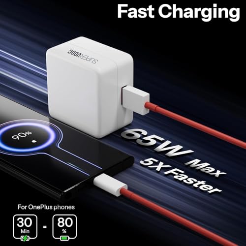 Image of SuperVOOC 65W Ultra-Fast Charging Adapter + Vooc Type-C Cable Warp /Dash /Supervooc Compatible with Oneplus 13 /13R /12 /12R /11 /11R /10 /10 Pro /9 /9 Pro / 9R / 8 / 8T /7 /Nord /CE 3 & Other Devices