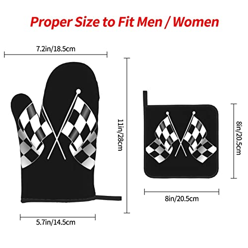 Black White Formula Checkered Flags Pattern Printed Oven Mitts And Pot Holders Sets,Washable Heat Resistant Kitchen Non-Slip Printed Grip Oven Gloves For Microwave Bbq Cooking Baking Grilling #TOP3