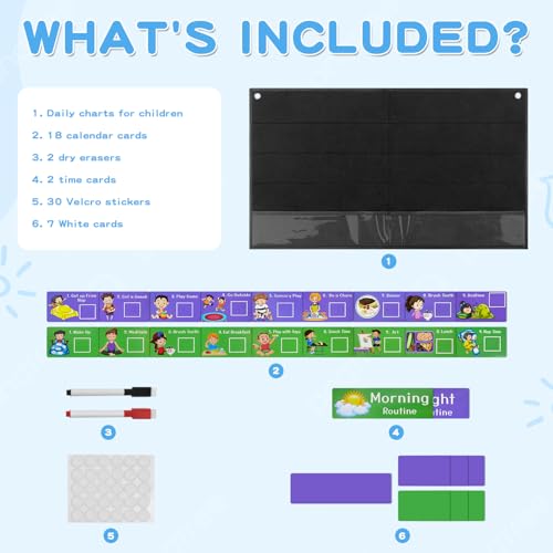 Visual Calendar, Autism Learning Materials Felt Visual Schedule Calendar Chart Toddler Visual Behavior Tools with 20 Daily Task Cards 6 Blank Cards 2 Wipe a Pen Daily Routine Chart for Home - Image 7