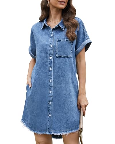 Denim Dress for Women Midi Jean Shirt Dresses Button Down Short Sleeve Summer Womens Jeans Babydoll Pockets