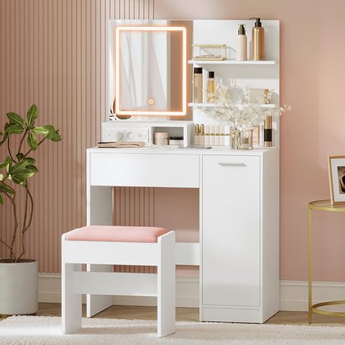 VASAGLE Kailyn Collection - Coiffeuse avec Miroir LED et Tabouret, avec Multiprise, Compartiment avec 2 Étagères Réglables, 1 Tiroir, 2 Étagères, Coin Beauté, Moderne, Blanc RDT738W01