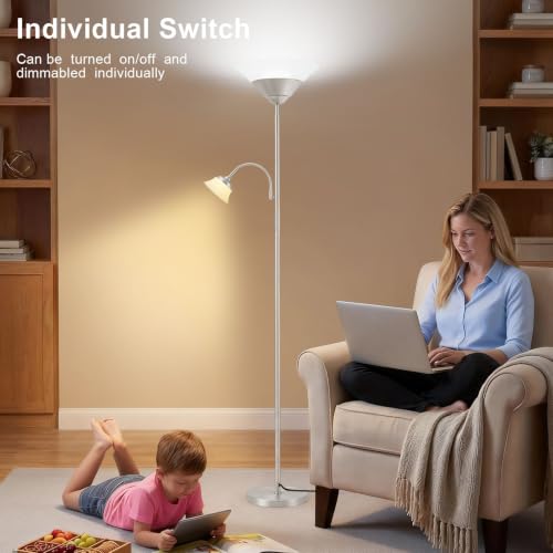 Image of SIBRILLE 2-in-1 Torchiere Floor Lamp, 34W Super Bright LED Standing Lamp with Remote & Touch Control, 72 inch Dimmable Adjustable Corner Reading Lamp for Living Room, Bedroom, Office, Silver