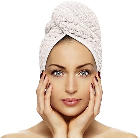 FAB-ON UK Hair Dry Towel Turban Style 100% Cotton Instant Drying Quick Absorbent Lightweight Button & Loop Closure One Size Hair Dry Cap For Curly Long Hair 64x24cm