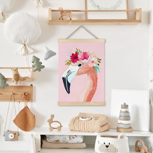 Image of PQKIY Floral Pink Flamingo Wall Art Poster Hanger Frame 12x16 in, Summer Exotic Tropical Bird Flamingo Wall Decor Canvas Prints for Nursery Girls Room Bedroom Dorm Apartment
