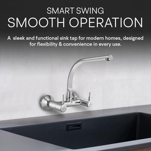 Image of Jaquar Wall Mounted Sink Mixer with Regular Swinging Spout & Connecting Legs & Wall Flanges, Stylish & Durable Faucet for Kitchen & Bathroom, Sliver, Chrome Finish