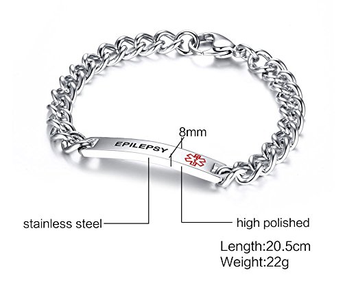 Mealguet Jewelry Epilepsy- 8Mm Surgical Steel Medical Alert Id Idenfication Chain Bracelets, Black Deep Engraving #TOP1