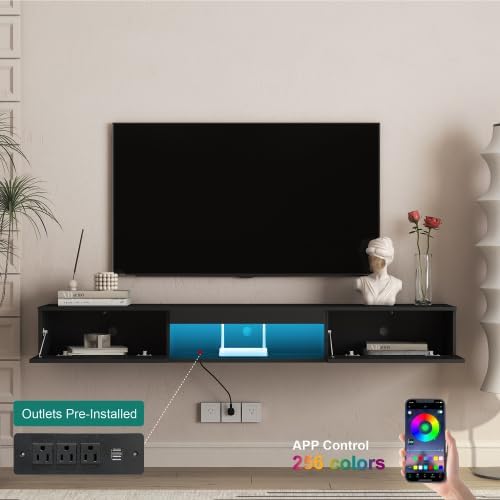 Ferand Floating TV Stand Wall Mounted with 16 Color LED Lights, 69 Inch Modern High Gloss Entertainment Center, Storage Cabinet for 55 60 65 Inch TV, Cable Management, Black Finish