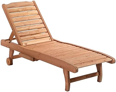 Outsunny Outdoor Chaise Lounge Pool Chair, Built-in Table, Reclining Backrest for Sun Tanning/Sunbathing, Rolling Wheels, Red Wood Look