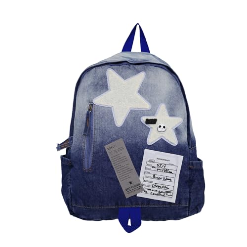 Vintage Y2K Backpack, Heavyweight Denim Grunge Bookbag for women men, Aesthetic Daypack for Travel Concerts (Blue)
