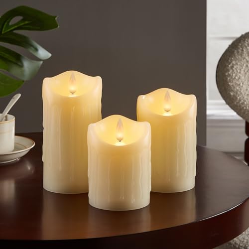 Image of Flameless Pillar Candles Flickering with Remote Timer, Battery Operated LED Candles Up to 400 Hours, 3D Moving Flame Real Wax Candles. (Ivory with Teardrop)
