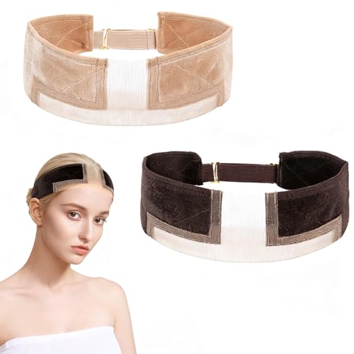 Rayakt 2 PCS Adjustable Wig Grip Headband Set Non-Slip Velvet Elastic Wig Band for Women - Comfortable Invisible Breathable Wigs Grip for Any Head Size (Beige+Dark Brown)