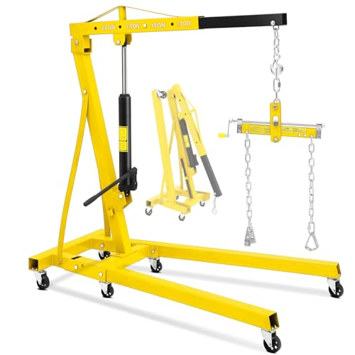 2-Ton Folding Engine Hoist with Leveler, 4400 Lbs Capacity Hydraulic Shop Crane with 6 Casters, Portable Foldable Cherry Picker for Garage, Workshop,