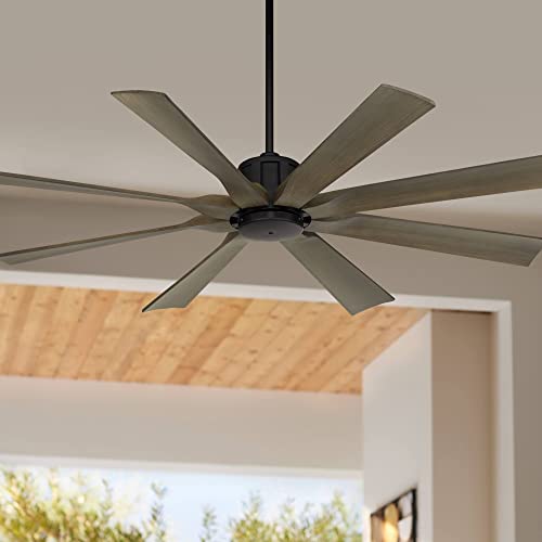 Possini Euro Design 60 Defender Industrial Rustic Indoor Outdoor Ceiling Fan with Remote Control Matte Black Hand-Painted Weathered Oak Damp Rated for Patio Exterior Porch Gazebo Garage Barn Roof