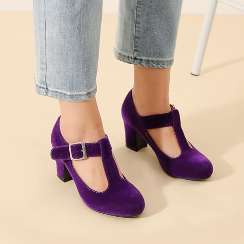 Women's T-Strap Mary Jane Pumps Low Block Chunky Heels Closed Round Toe Dress Wedding Office Work Shoes4