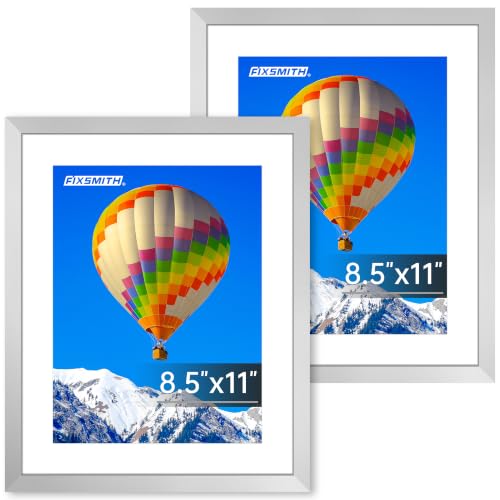 FIXSMITH 8.5x11 Picture Frame Set of 2, Silver Photo Frame with HD Plexiglass, Display Pictures 6x8 with Mat or 8.5x11 Without Mat, Black Picture Frames Collage Wall Decor, Gallery Wall Frame