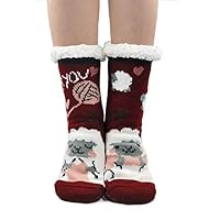 Women Slipper Socks Warm and Soft Sherpa Lined Winter Socks Fluffy Thermal Socks with Non Slip Grips Sole for Girls, Cute Animal Pattern(Red sheep)